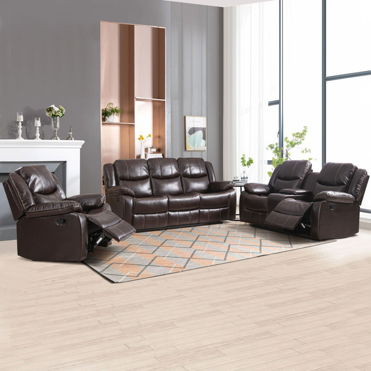 Latitude Run® Kamarli 3 Piece Leather Manual Reclining Living Room Set ...